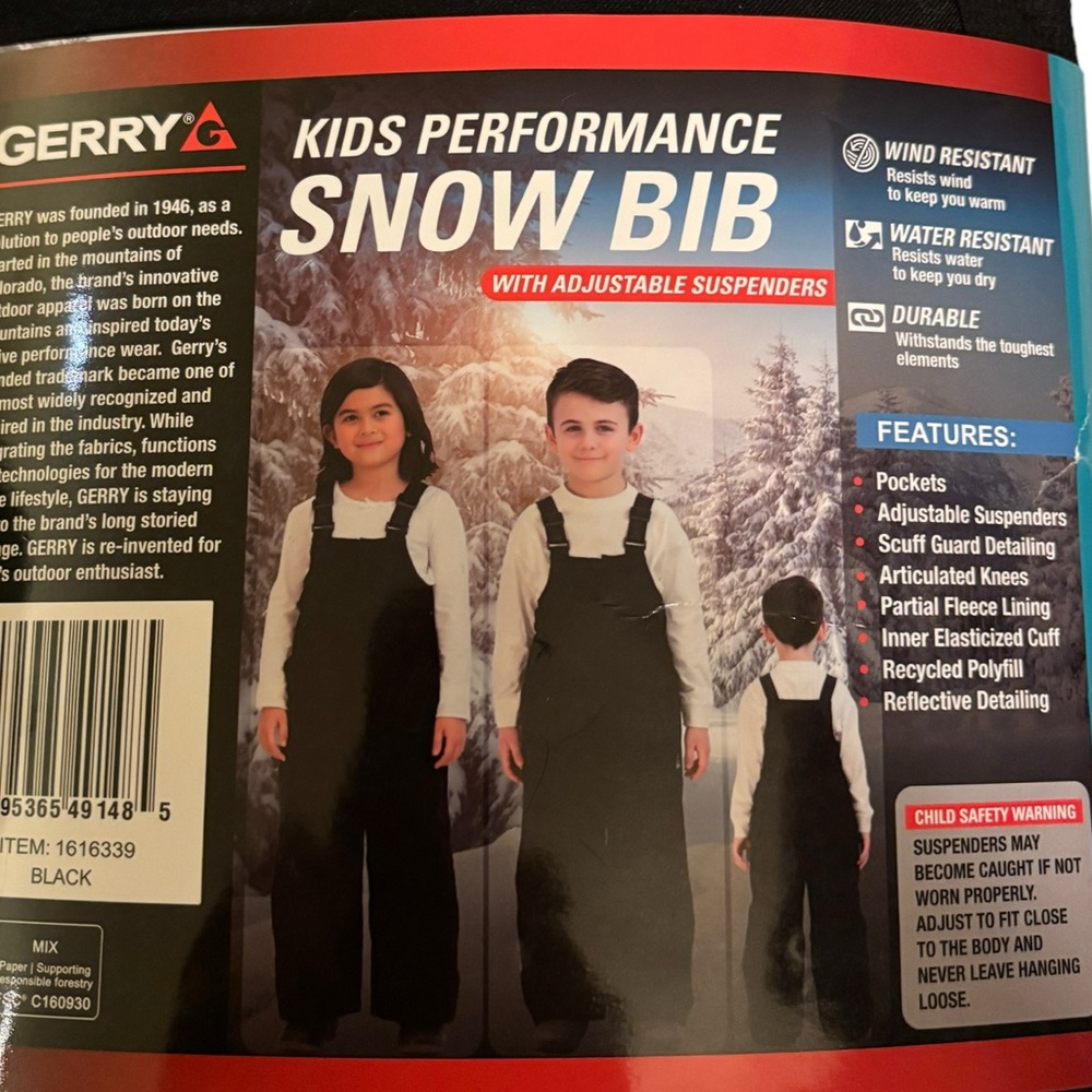 Gerry Kids‎ Black Performance Snow Bib with Adjustable Suspenders Size 4T (NWT)